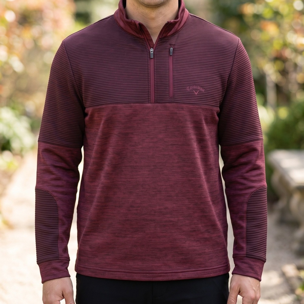 Callaway Opti-Dri Mens Burgundy Heather Ribbed 1/4 Zip Golf Pullover Jacket